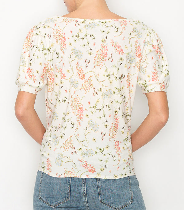 Cream Floral Puff Sleeve Tie Front Top