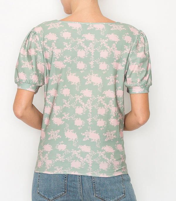 Green Pink Puff Sleeve Tie Front Top