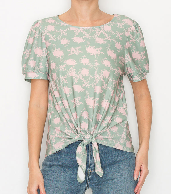 Green Pink Puff Sleeve Tie Front Top