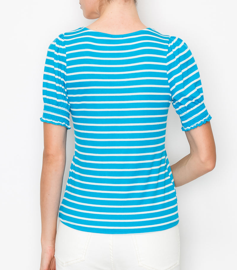 Blue Stripe Puff Sleeve Top