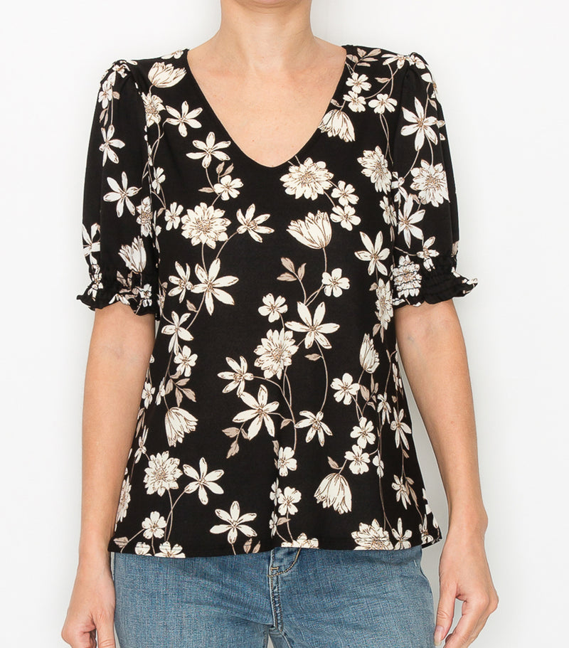 Black Ivory Floral Puff Sleeve Top