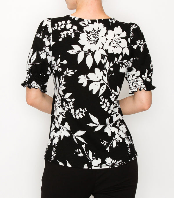 Black White Floral Puff Sleeve Top