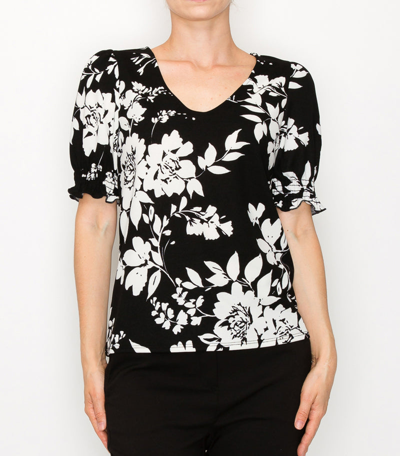 Black White Floral Puff Sleeve Top
