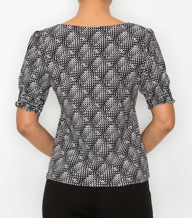 Black Abstract Puff Sleeve Top