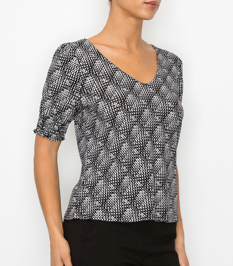 Black Abstract Puff Sleeve Top