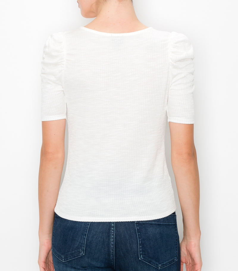 White Textured Stripe Ruched Sleeve Top