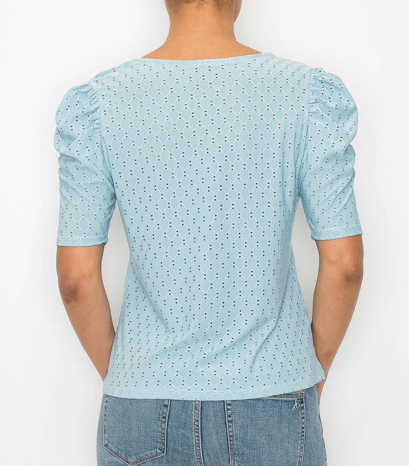 Chambray Diamond Eyelet Ruched Sleeve Top