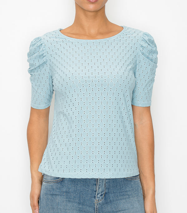 Chambray Diamond Eyelet Ruched Sleeve Top