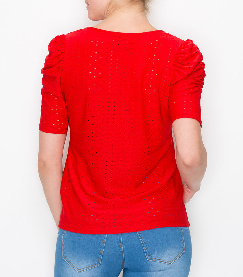 Red Medley Eyelet Ruched Sleeve Top
