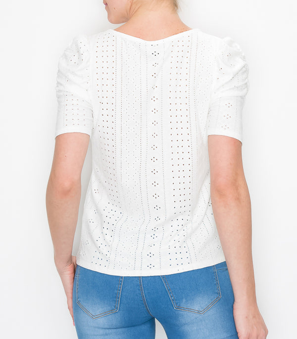 White Medley Eyelet Ruched Sleeve Top