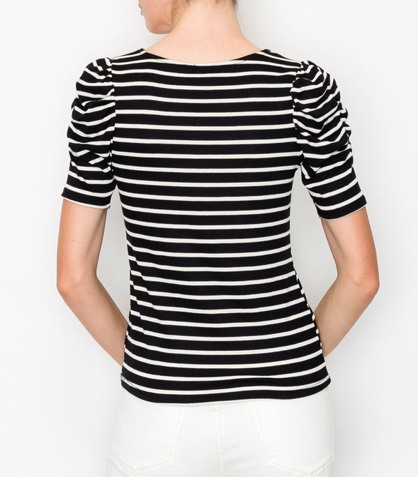 Black White Stripe Ruched Sleeve Top