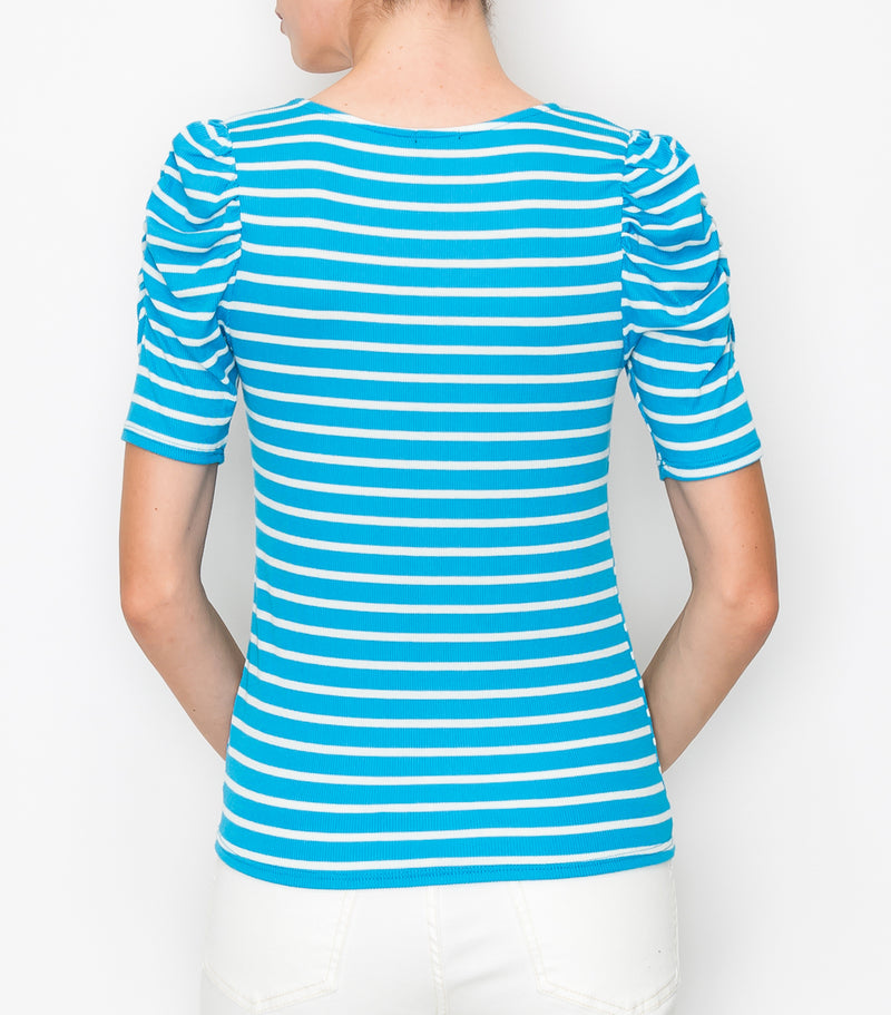Blue Stripe Ruched Sleeve Top