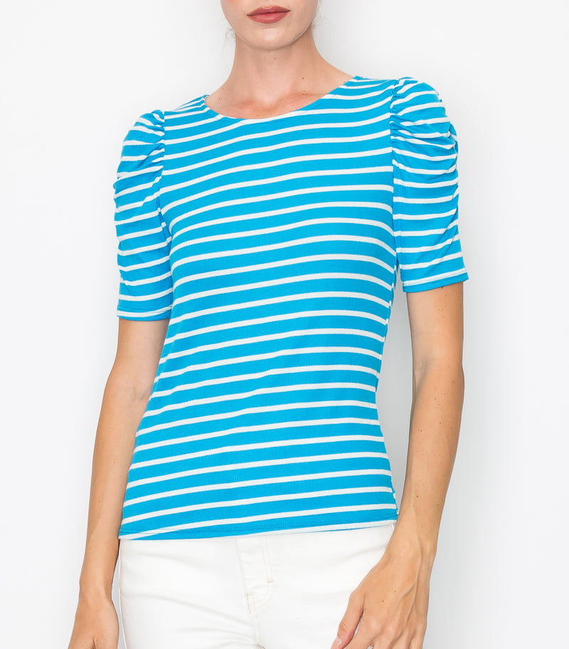 Blue Stripe Ruched Sleeve Top