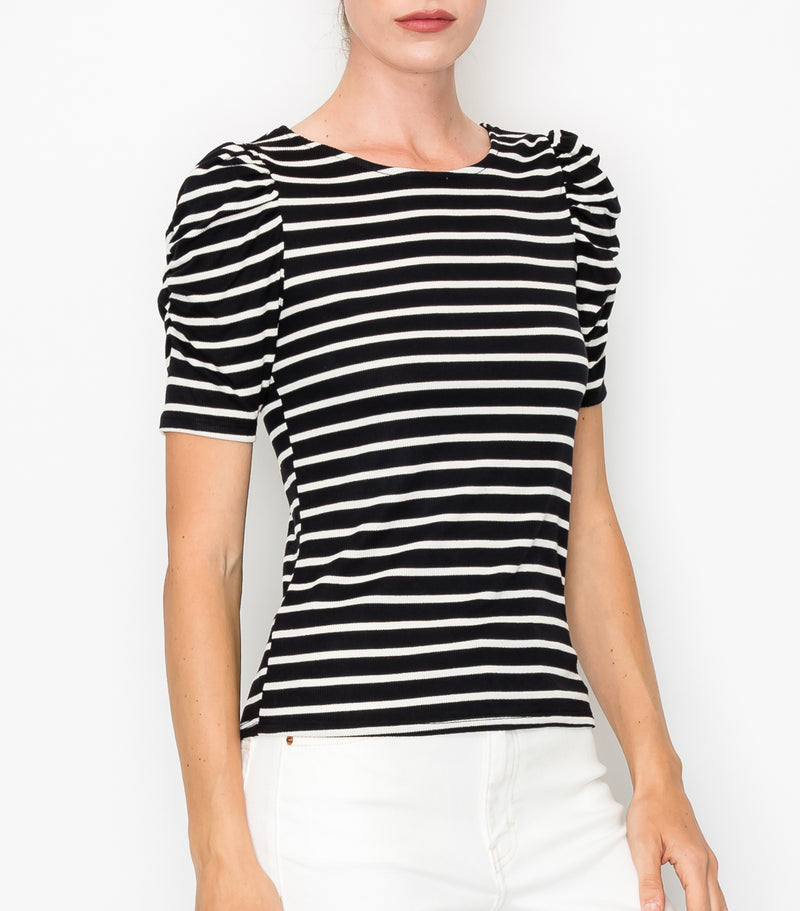Black White Stripe Ruched Sleeve Top