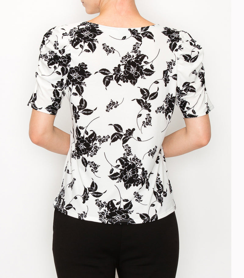 White Black Floral Ruched Sleeve Top