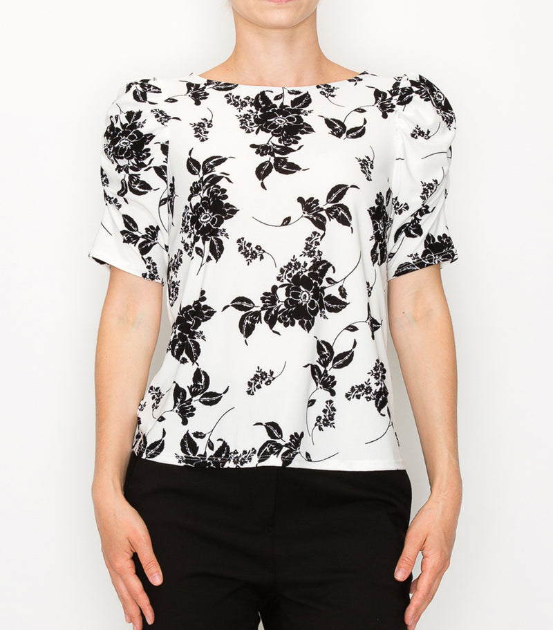 White Black Floral Ruched Sleeve Top