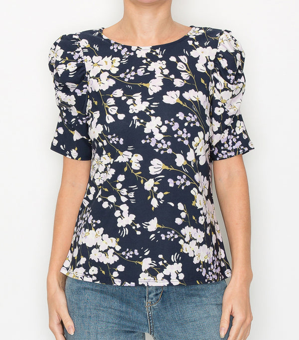 Blue White Floral Ruched Sleeve Top