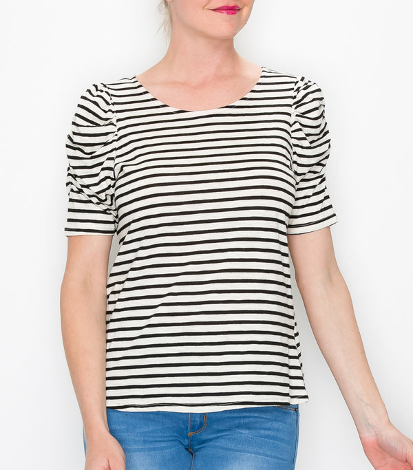 Cotton Striped Ruched Sleeve Top
