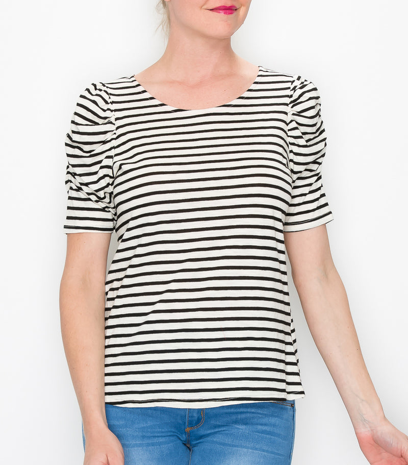 Cotton Striped Ruched Sleeve Top