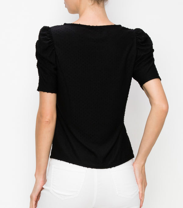 Black Swiss Dot Ruched Sleeve Top