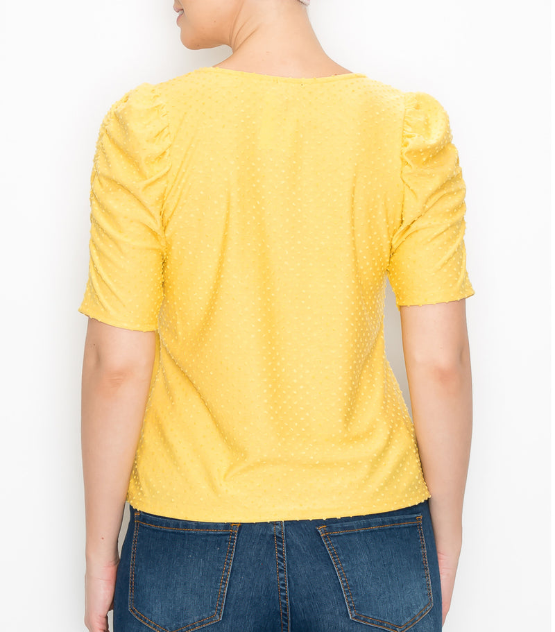 Mustard Swiss Dot Ruched Sleeve Top