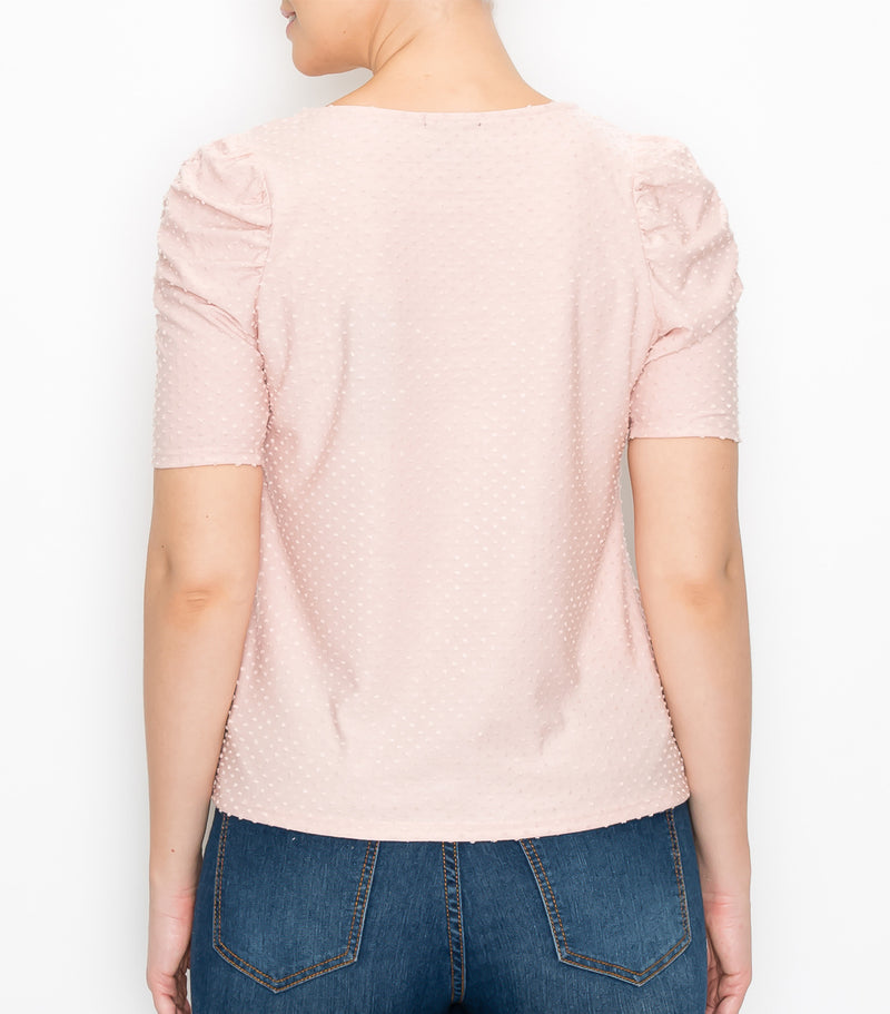 Blush Swiss Dot Ruched Sleeve Top