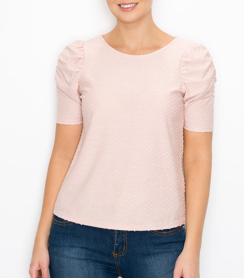 Blush Swiss Dot Ruched Sleeve Top