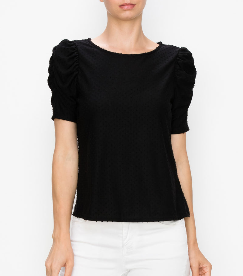Black Swiss Dot Ruched Sleeve Top