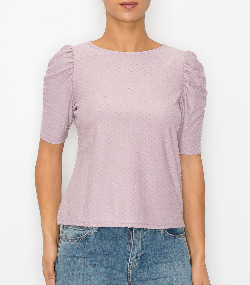 Lavender Swiss Dot Ruched Sleeve Top