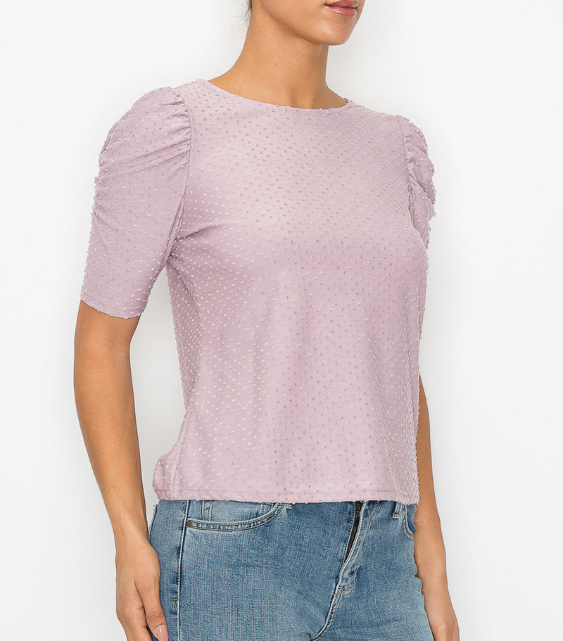 Lavender Swiss Dot Ruched Sleeve Top
