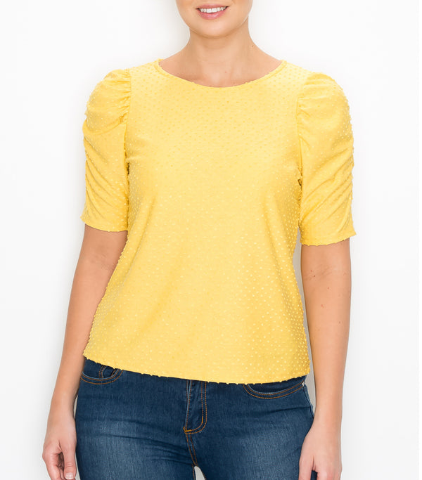 Mustard Swiss Dot Ruched Sleeve Top