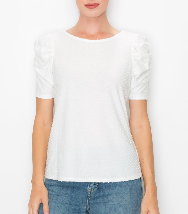 White Swiss Dot Ruched Sleeve Top