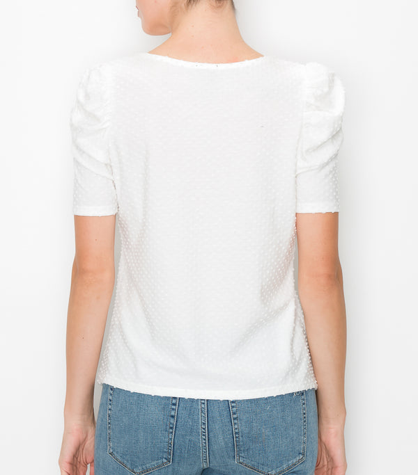 White Swiss Dot Ruched Sleeve Top