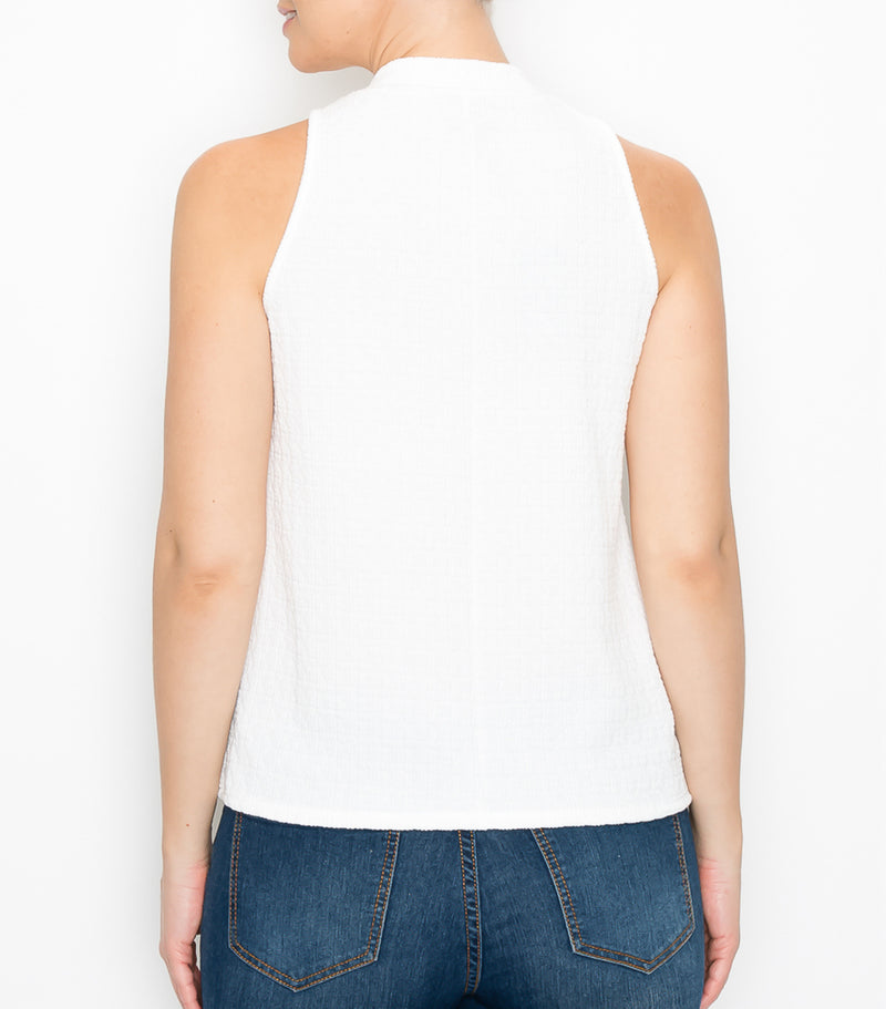 White Textured Knit V-Neck Cut Out Top
