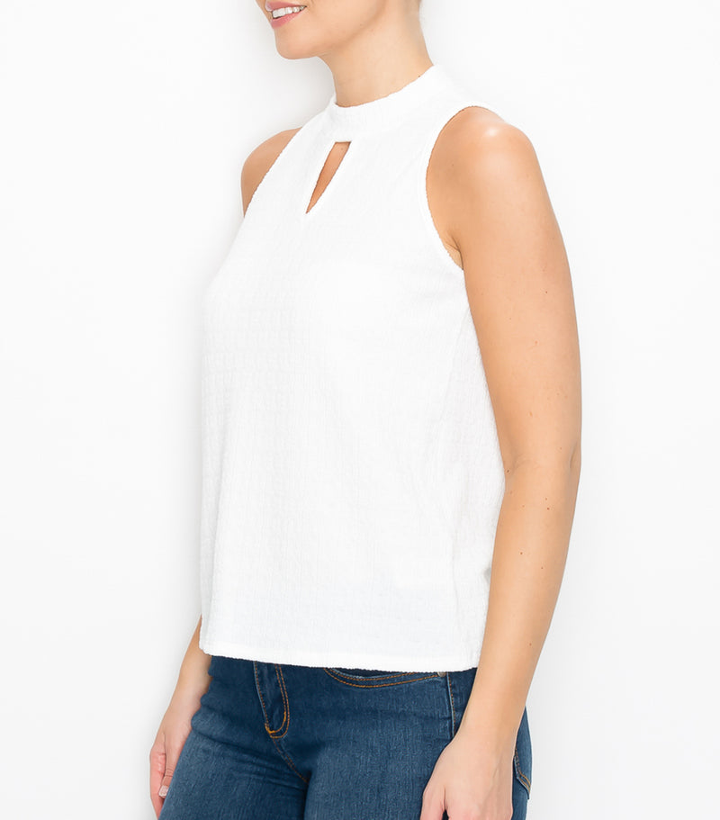 White Textured Knit V-Neck Cut Out Top