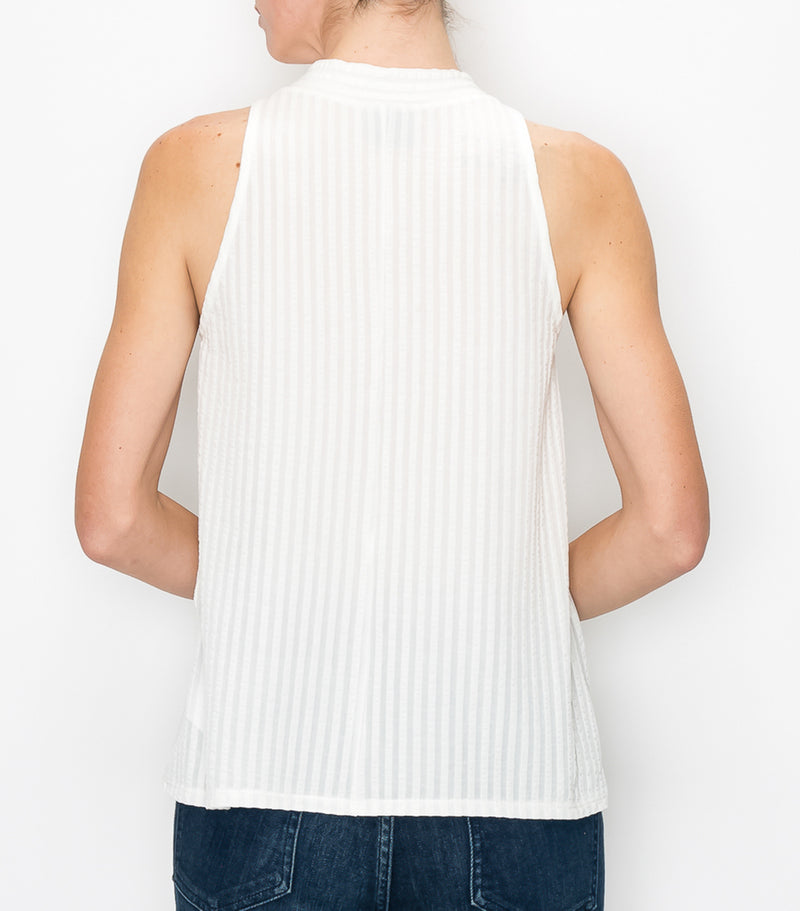 White Textured Stripe V-Neck Cut Out Top