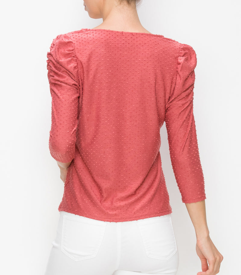 Dark Coral Swiss Dot Ruched Puff Sleeve Top