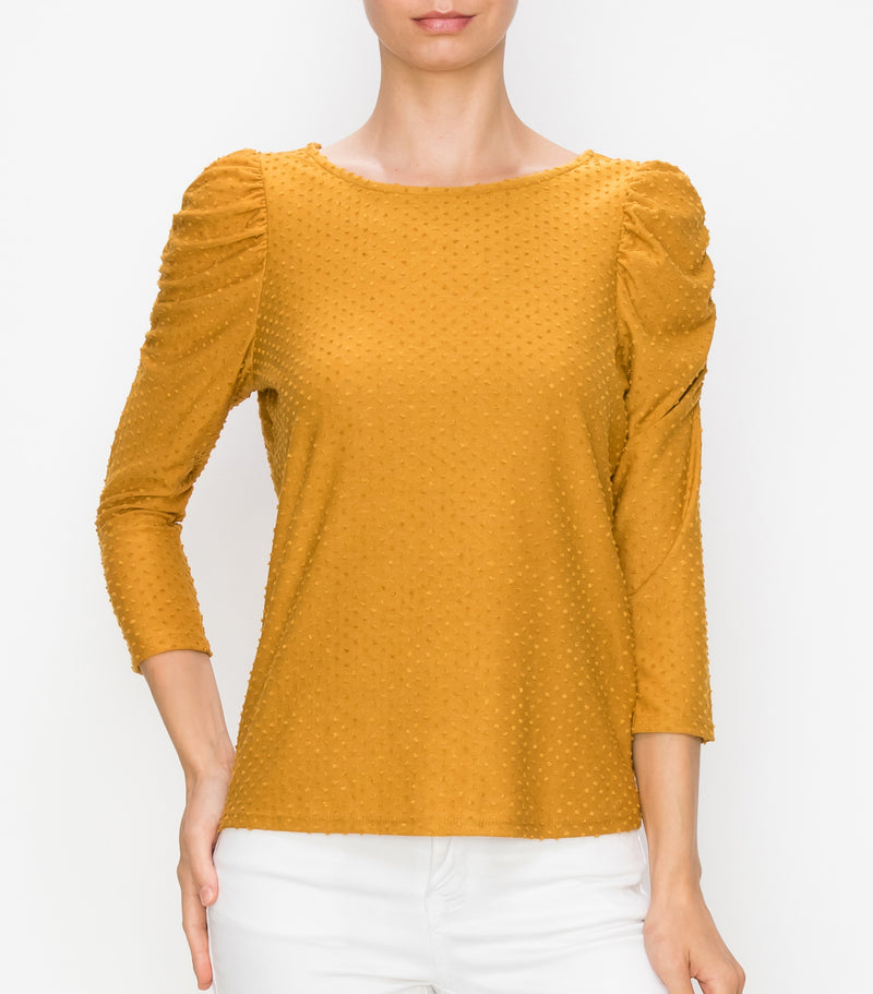 Marigold Swiss Dot Ruched Puff Sleeve Top