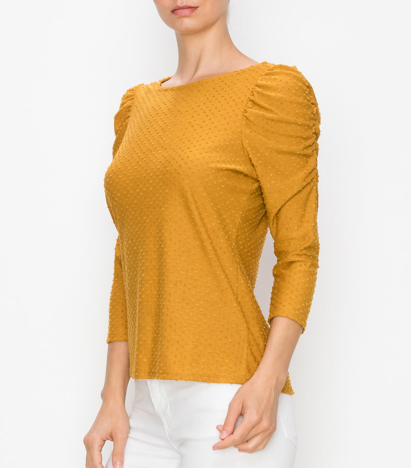 Marigold Swiss Dot Ruched Puff Sleeve Top