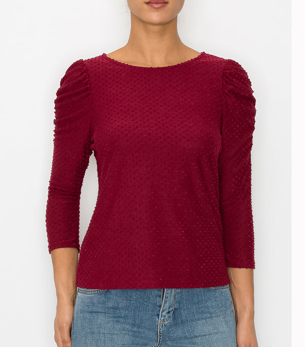 Wine Swiss Dot Ruched Puff Sleeve Top