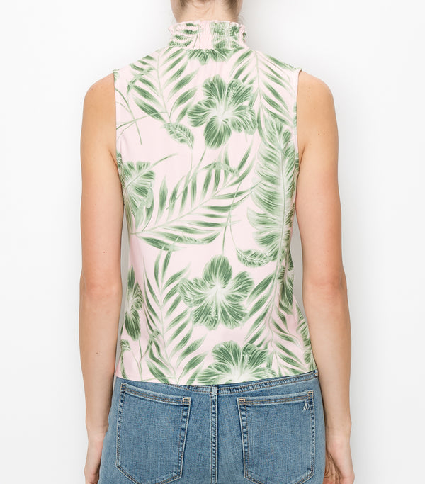 Blush Palm Floral Sleeveless Tie Front Top