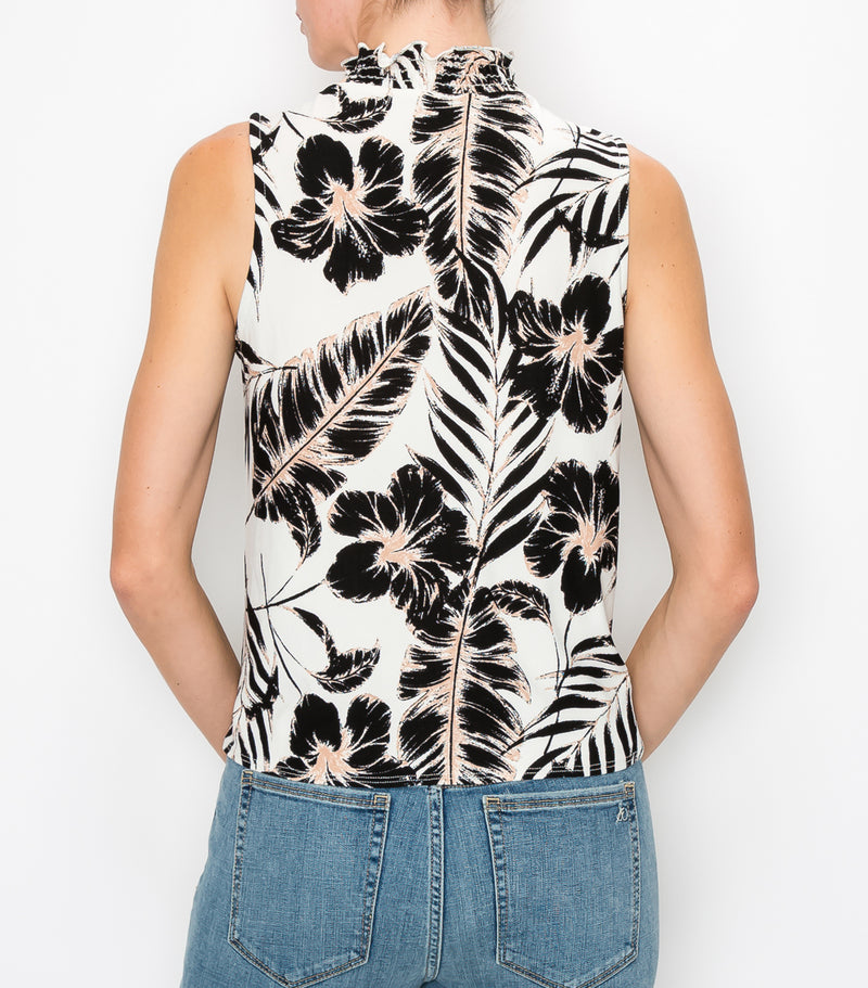 Ivory Black Palm Floral Sleeveless Tie Front Top