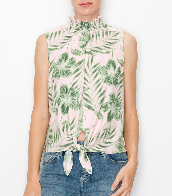 Blush Palm Floral Sleeveless Tie Front Top