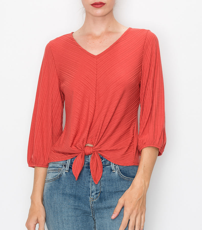 Clay Rib Tie Front 3/4 Blouse Sleeve Top