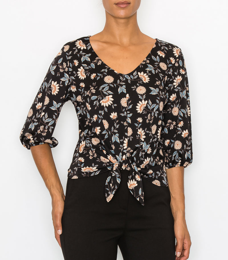 Black Floral Tie Front Blouse Sleeve Top