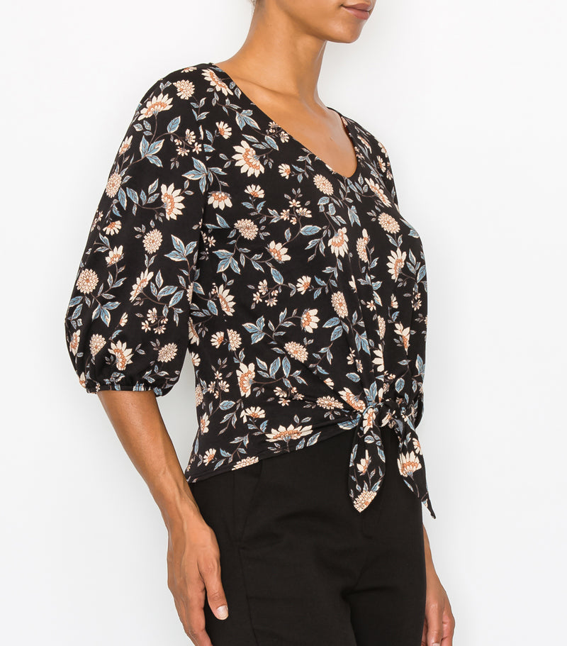 Black Floral Tie Front Blouse Sleeve Top