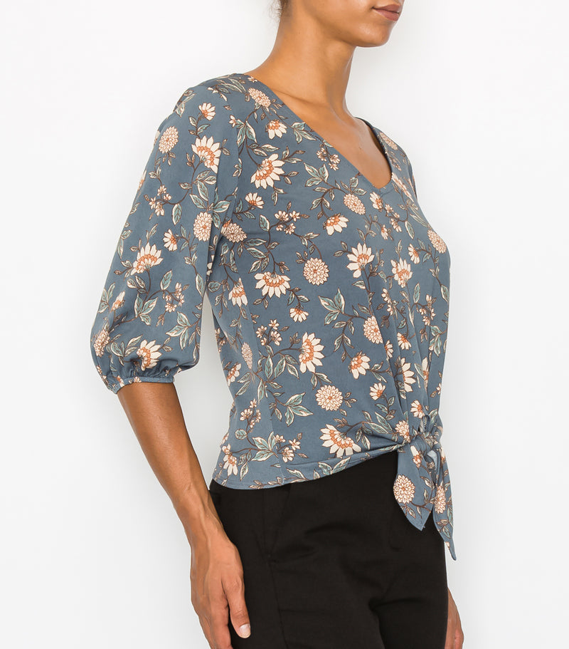 Blue Floral Tie Front Blouse Sleeve Top