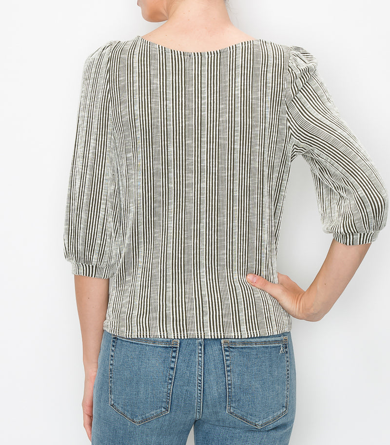 Olive Stripe 3/4 Puff Sleeve Twist Front Top