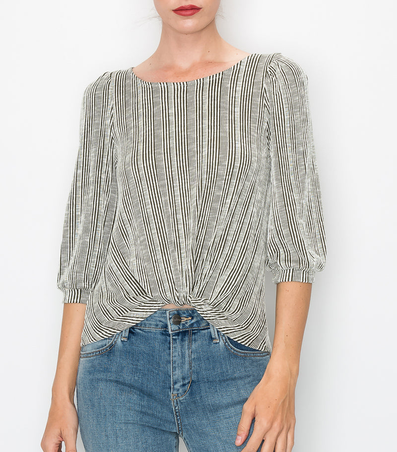 Olive Stripe 3/4 Puff Sleeve Twist Front Top