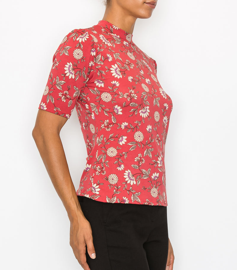 Red Floral Mock Neck Elbow Sleeve Top
